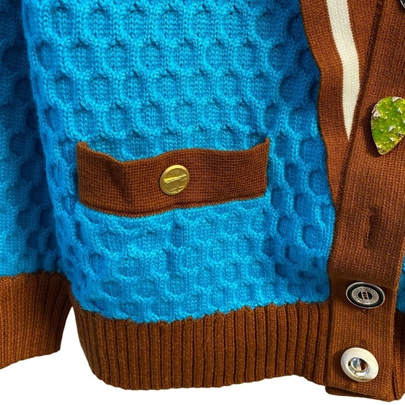 Motoguo Mr.Rogers Lake Blue & Brown Button Up Knit Sweater Oversized S/M - Picture 4 of 10